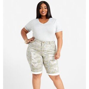 2/$20   Ashley Stewart Distressed Camo Denim Shorts